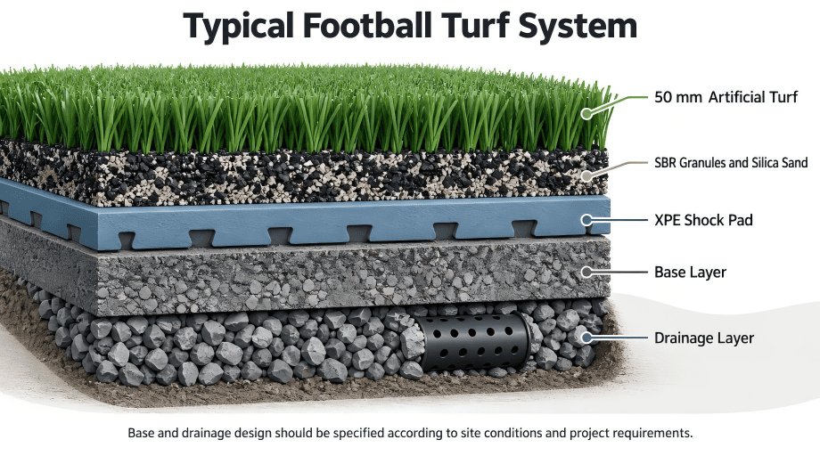 Un campo de fútbol de césped artificial FIFA es un sistema completo, desde la superficie de juego hasta la base y el drenaje.