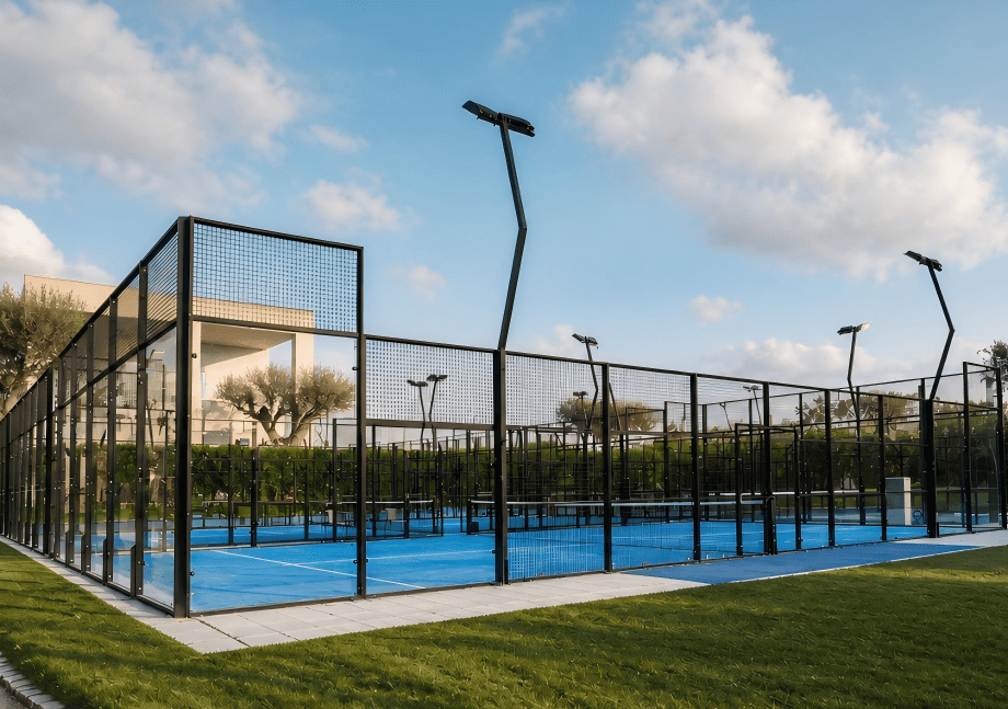 Pista de pádel panorámica completa PadelMax para instalaciones deportivas de un complejo turístico.