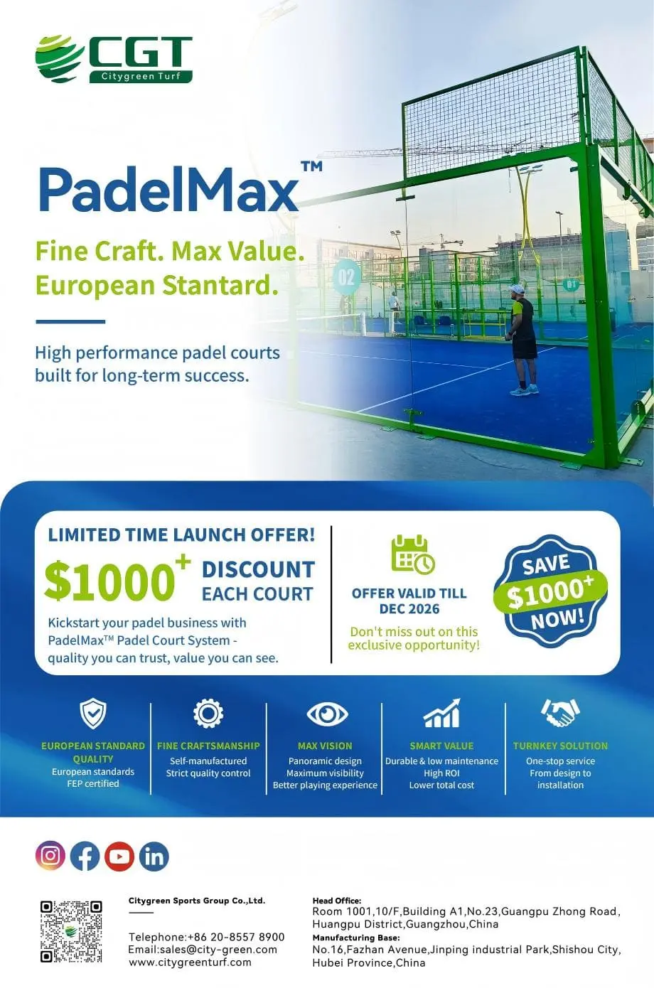 Oferta de lanzamiento de la pista panorámica de pádel PadelMax con un descuento de 1000 dólares por pista elegible.