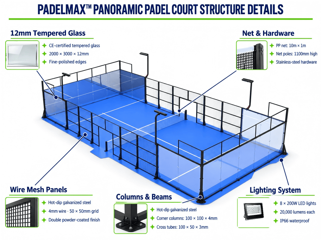 Pista de p&aacute;del panor&aacute;mica PadelMax con estructura de acero galvanizado y vidrio templado.